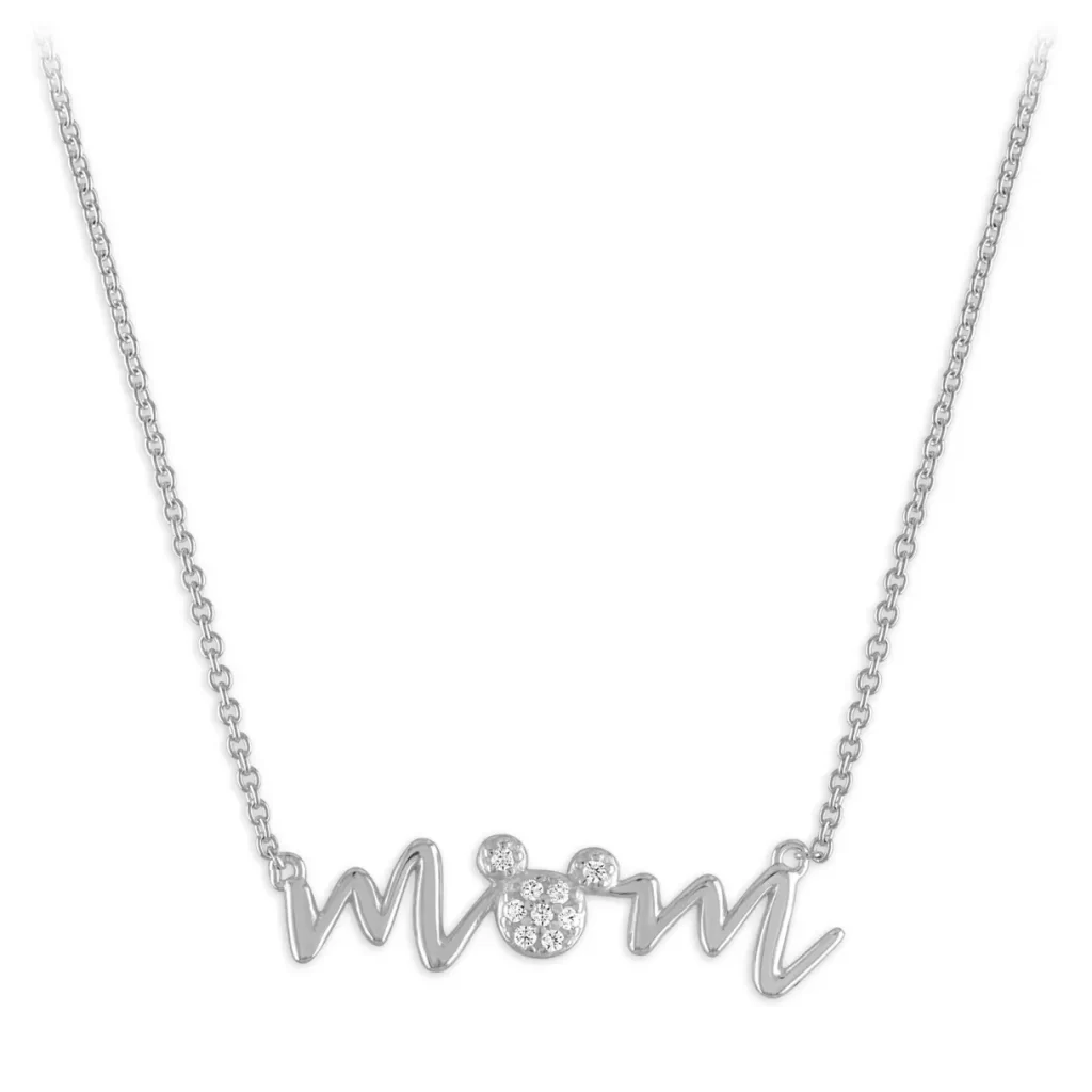 Necklace saying mom, o is made of a mickey head